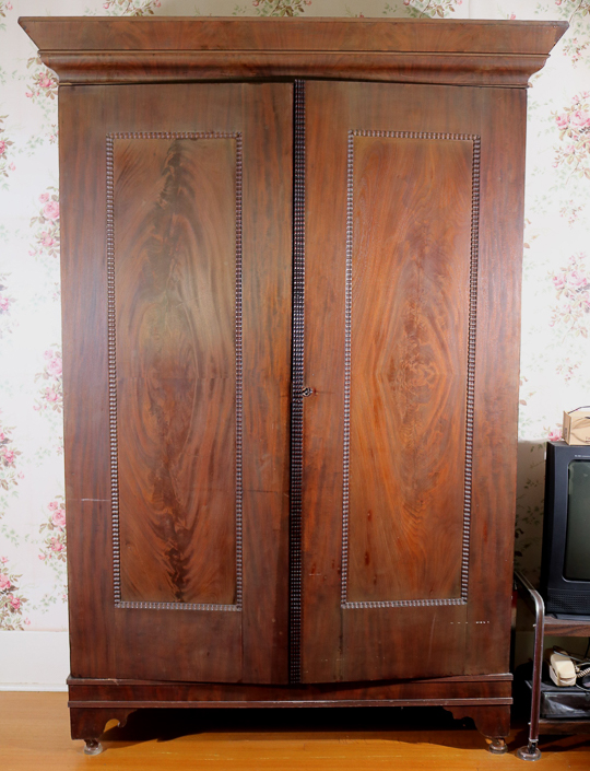 081b - Mahogany Empire wardrobe with beaded trim, 2 doors and full interior, 89.5 in. T, 63 in. W, 23  in. D.