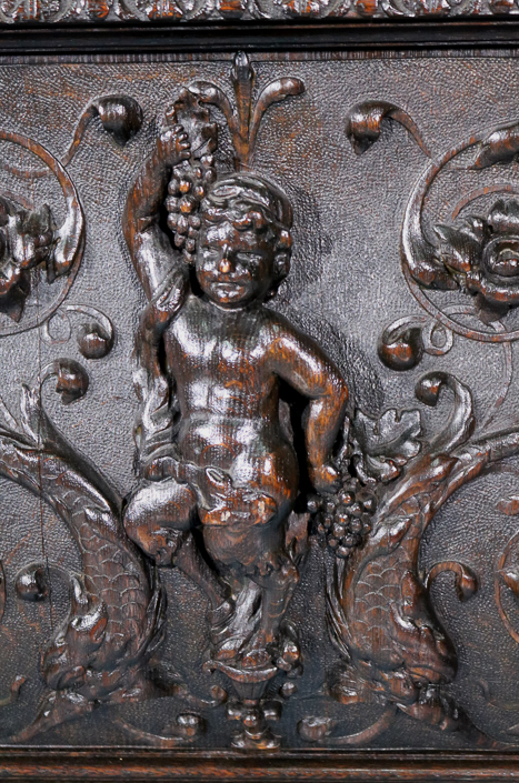 084h - Oak heavily carved 5 tube grandfather clock by R.J. Horner with Tiffany works, has carved figures and claw feet, 8 ft. 10 in. T, 27 in. W, 27 in. D.