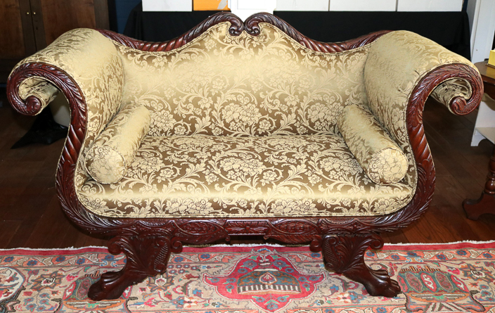 086a - Mahogany Federal love seat with claw feet and acanthus carved curl arms, 37 in. T, 59 in. W, 20.5 in. D.