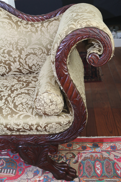 086b - Mahogany Federal love seat with claw feet and acanthus carved curl arms, 37 in. T, 59 in. W, 20.5 in. D.