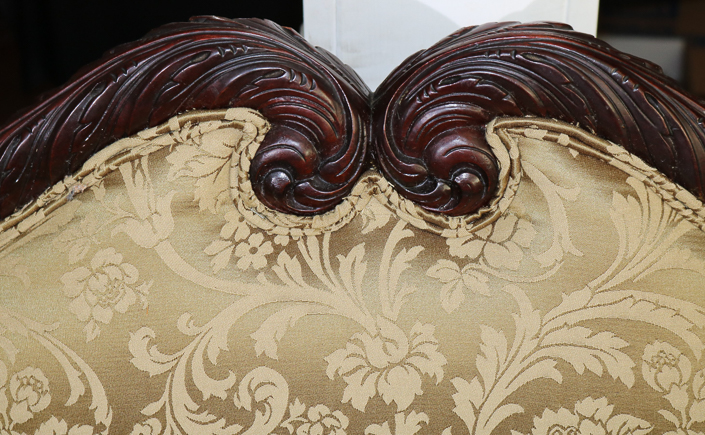 086c - Mahogany Federal love seat with claw feet and acanthus carved curl arms, 37 in. T, 59 in. W, 20.5 in. D.