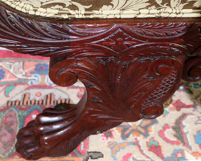 086d - Mahogany Federal love seat with claw feet and acanthus carved curl arms, 37 in. T, 59 in. W, 20.5 in. D.