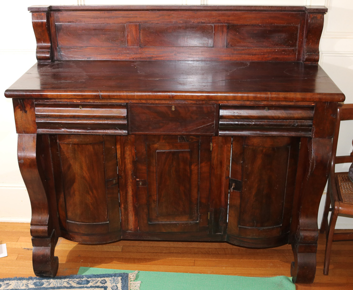 088a - Mahogany Empire sideboard with scroll front, backsplash, 3 doors and 2 drawers, 53 in. T, 59  in. W, 22 in. D.