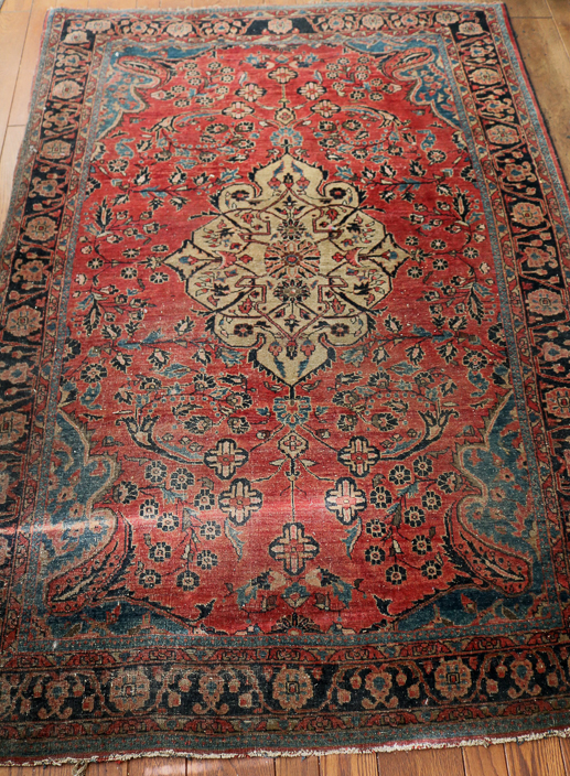089a - Antique Persian rug in red, blue and tan, 4.9 ft. x 7 ft.