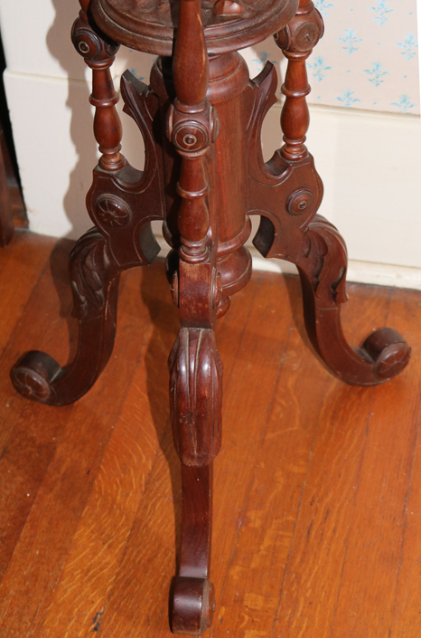 093d - Walnut Victorian fern stand with brown insert marble and deer, 36.5 in. T, 11.5 in. Dia.