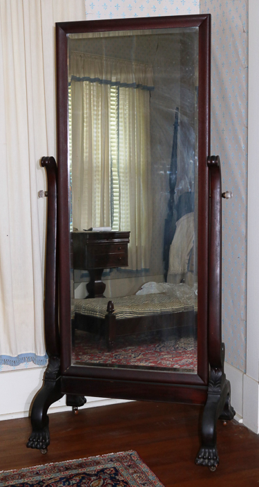 094a - Mahogany Empire cheval mirror, 75 in. T, 31.5 W, 23 in. D.