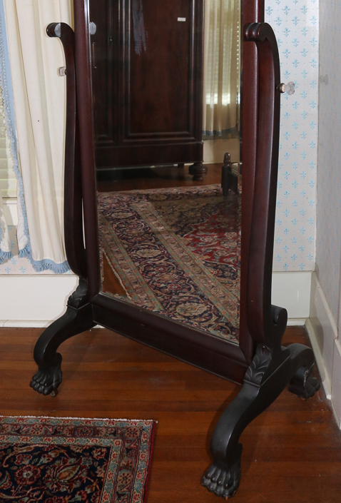 094c - Mahogany Empire cheval mirror, 75 in. T, 31.5 W, 23 in. D.