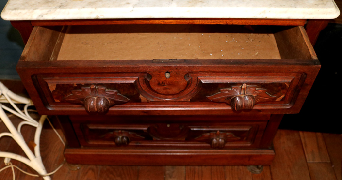 095c - Walnut Victorian bachelors chest with carved  wood pulls, 29 in. T, 30 in. W, 18 in. D.