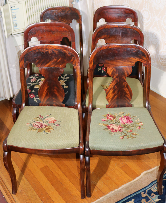 100a - Set of 6 sheild back dining chairs with needlepoint upholstery, 32 in. T, 17.5 in. W, 14 in. D.