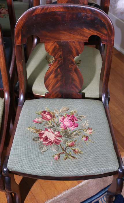 100b - Set of 6 sheild back dining chairs with needlepoint upholstery, 32 in. T, 17.5 in. W, 14 in. D.
