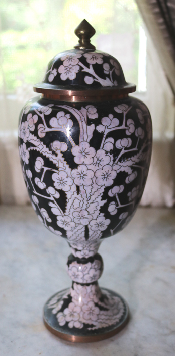 220a - Black and white cloisonne vase, 12 in. T.