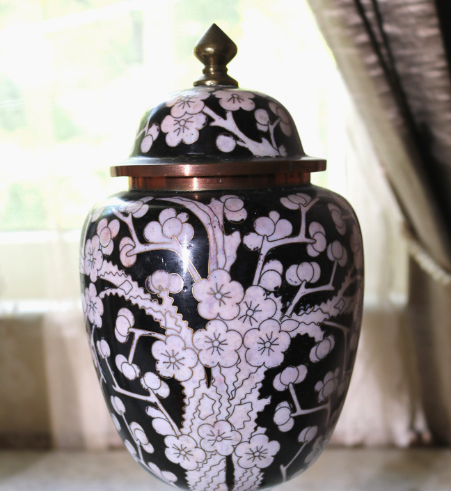 220b - Black and white cloisonne vase, 12 in. T.