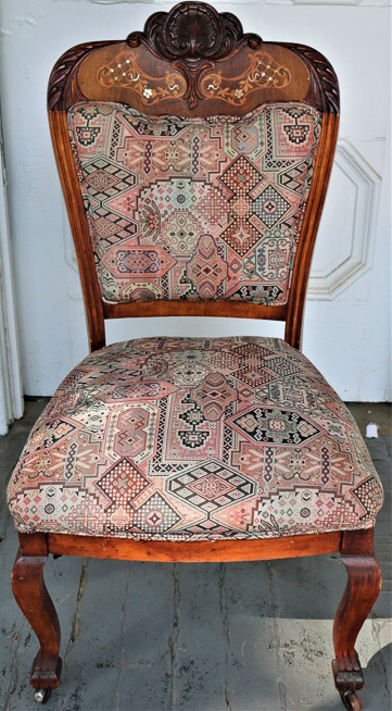 305a - Mahogany Inlaid Desk Chair wCarved Crown39.5T, 20W, 17D