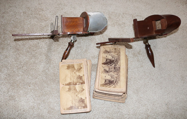 308b - Pair antique stereoscopes with original cards