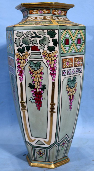 250a - Hand painted Nippon green vase, 14 in. T.-15