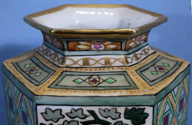 250b - Hand painted Nippon green vase, 14 in. T.-15