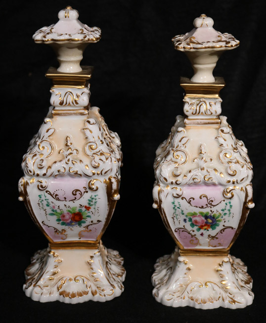 006a - Very fine pair of Old Paris perfumers with hand painted birds and flowers, 10.5 in. T, 3.75 in. W.