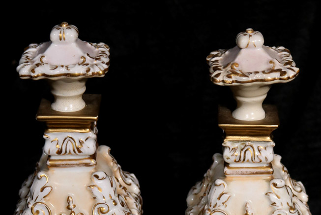 006b - Very fine pair of Old Paris perfumers with hand painted birds and flowers, 10.5 in. T, 3.75 in. W.