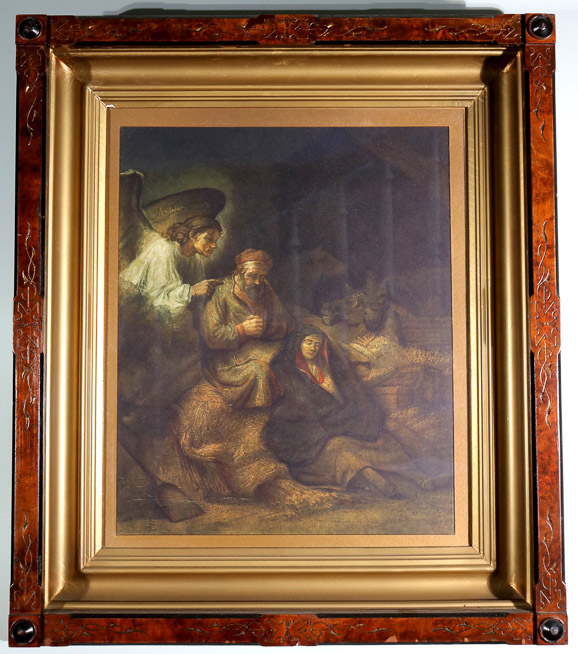 008a - Walnut Victorian shadow box framed print of angel, man and woman, 33 in. T x 29 in. W.