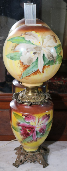 028a - Gone with the wind hand painted lamp with orchids on shade, 30 in. T.