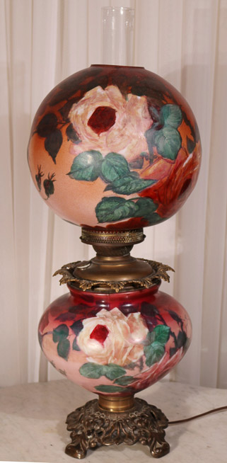 030a - Hand painted gone with the wind lamp with roses, has been electrified, 29 in. T.