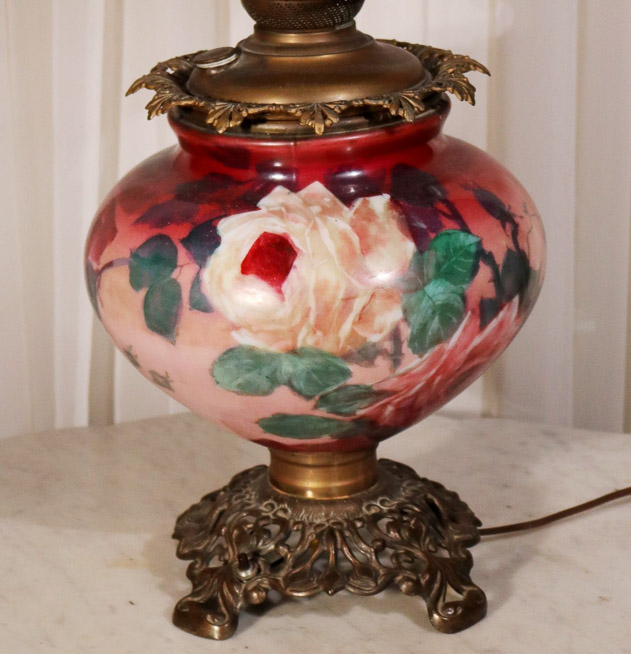 030b - Hand painted gone with the wind lamp with roses, has been electrified, 29 in. T.