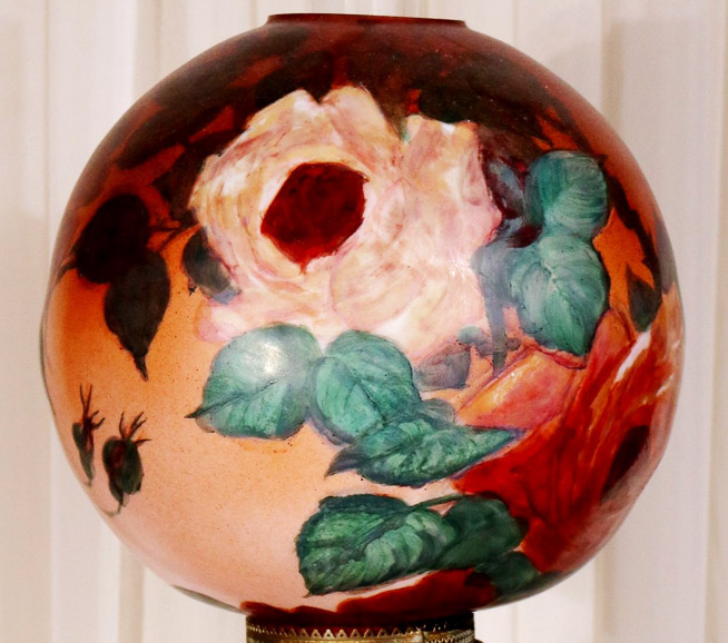 030c - Hand painted gone with the wind lamp with roses, has been electrified, 29 in. T.
