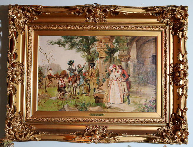 031a - Oil on canvas of a courting scene in gold frame by G. Duval, titled, Favorable Opportunity, 32 x 41
