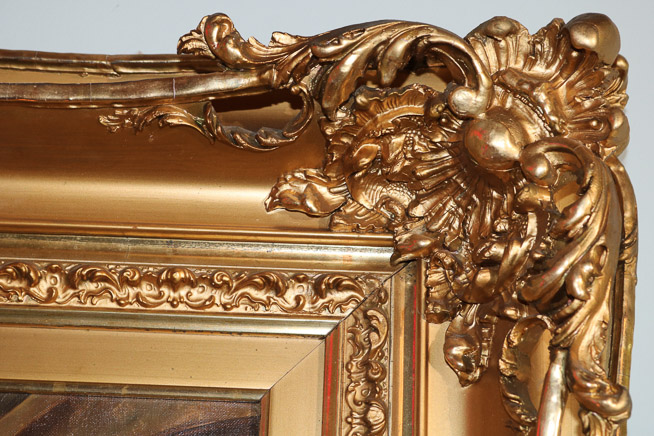 031c - Oil on canvas of a courting scene in gold frame by G. Duval, titled, Favorable Opportunity, 32 x 41