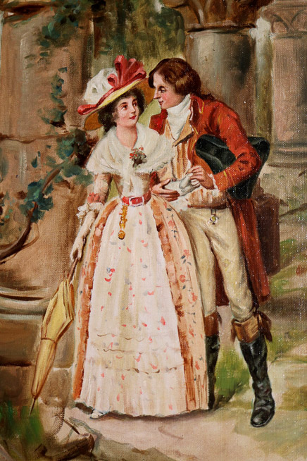 031f - Oil on canvas of a courting scene in gold frame by G. Duval, titled, Favorable Opportunity, 32 x 41