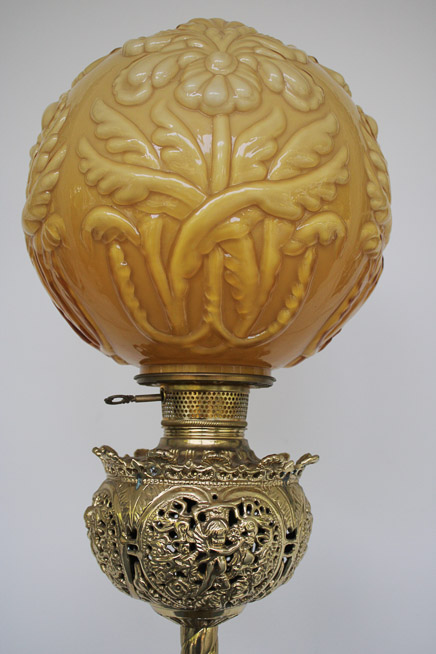 220c - Adjustable brass piano lamp with yellow majolica shade