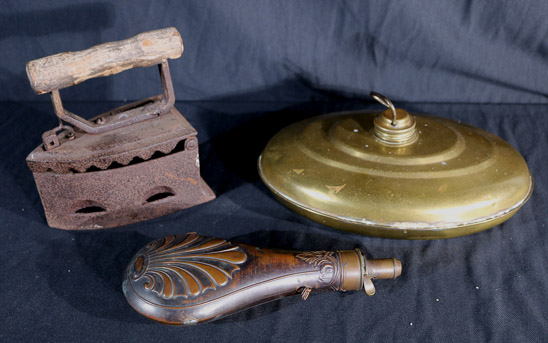 353a - Brass powder horn, iron and bed warmer