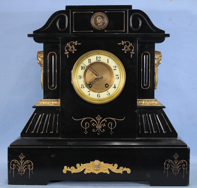 001a - Marble Victorian mantle clock with gold trim, 19 in. T, 19 in. W, 6.5 in. D.