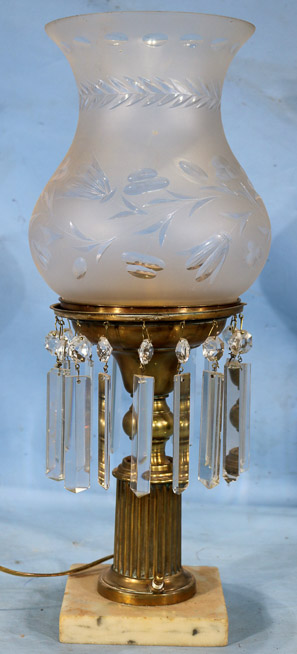 002a - Early astral lamp with prisms, marble base and nice shade, electrified, 21 in. T