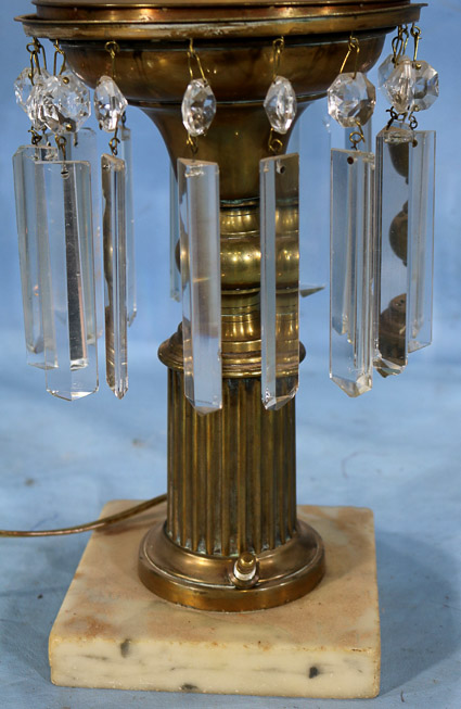 002b - Early astral lamp with prisms, marble base and nice shade, electrified, 21 in. T