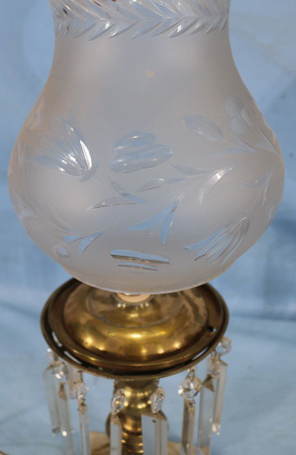002d - Early astral lamp with prisms, marble base and nice shade, electrified, 21 in. T