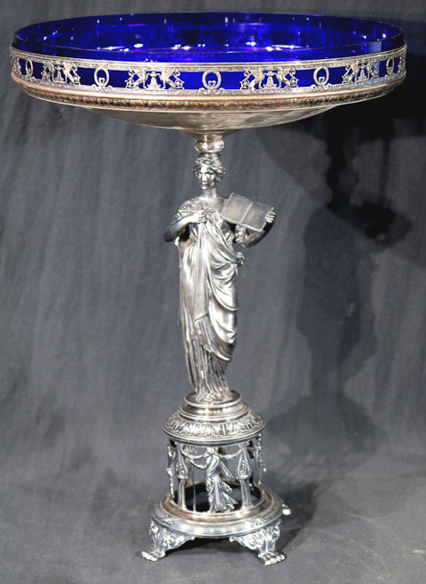 003a - Cobalt blue silver-plate center piece with figural base, 18 in. T, 13 in. R.