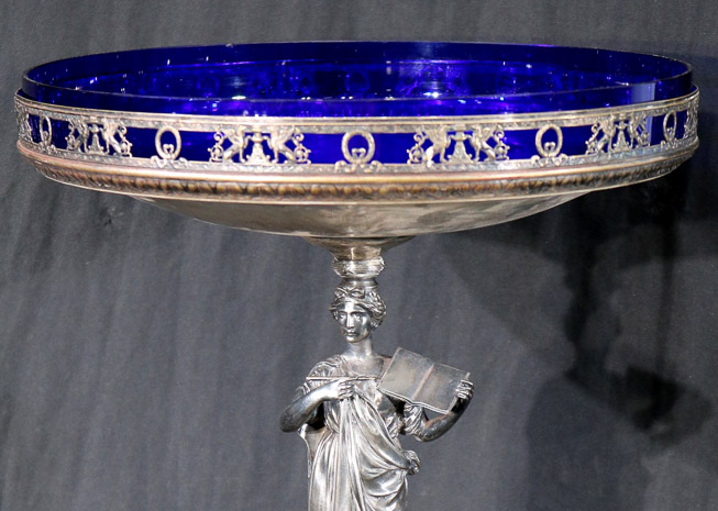 003f - Cobalt blue silver-plate center piece with figural base, 18 in. T, 13 in. R.