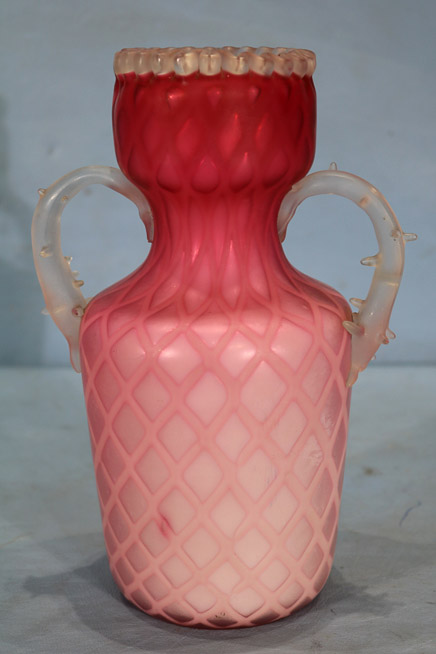 003g - Pink satin art case glass vase with thorn handles,  9 in. T, 7 in. W.