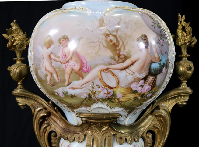 004b - Victorian hand painted porcelain center bowl with bronze mount, 21 in. T, 14 in. W,9 in. D.