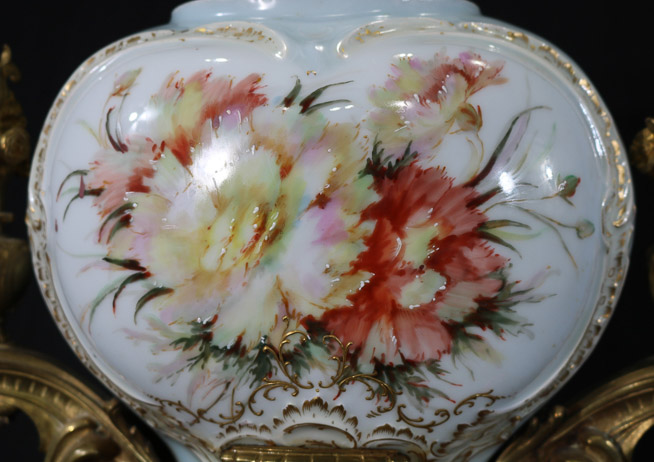 004h - Victorian hand painted porcelain center bowl with bronze mount, 21 in. T, 14 in. W,9 in. D.