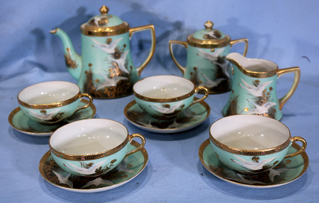 005a - 11 piece tea set with hand painted geese, signed Nippon