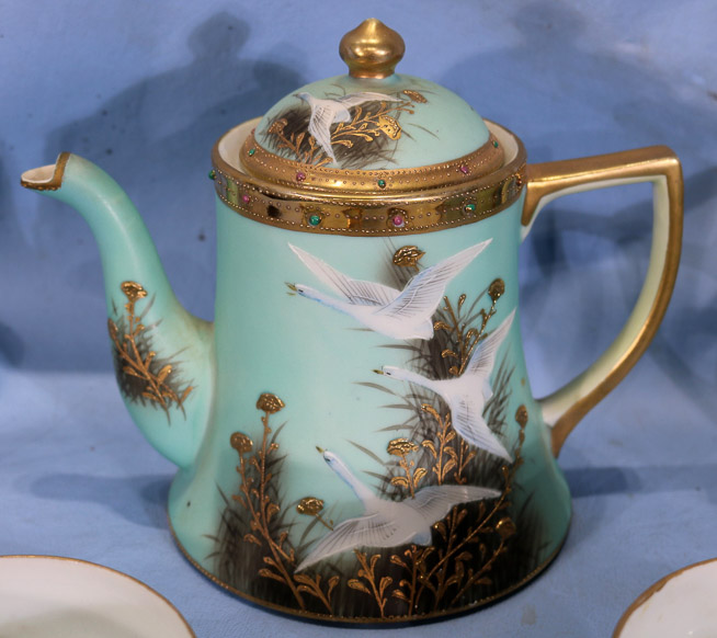 005b - 11 piece tea set with hand painted geese, signed Nippon