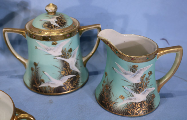 005c - 11 piece tea set with hand painted geese, signed Nippon