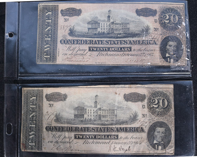 228a - Two Confederate $20 bills, Richmond, Feb. 17th, 1861